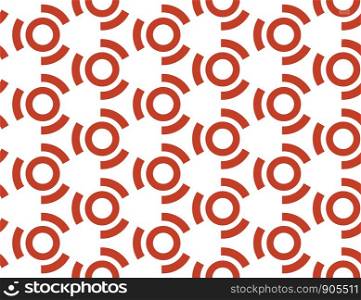 Vector seamless geometric pattern. Shaped red squares and lines on white background.