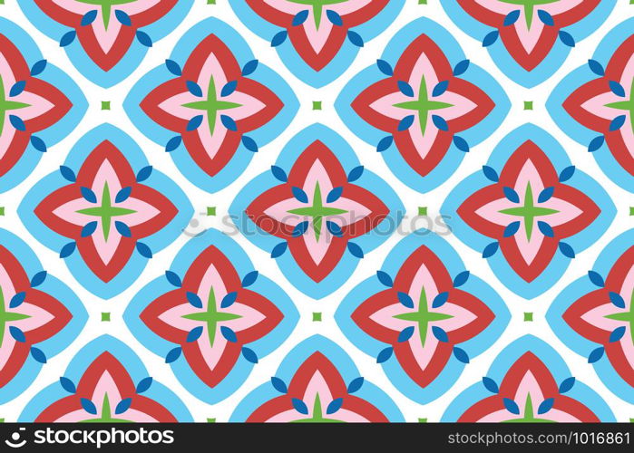Vector seamless geometric pattern. Shaped rounded blue diamonds and blue, red, pink, green stars and squares on white background.