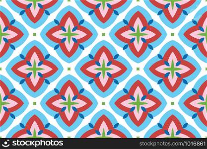 Vector seamless geometric pattern. Shaped rounded blue diamonds and blue, red, pink, green stars and squares on white background.