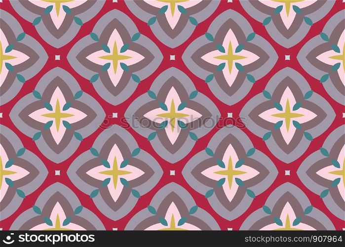 Vector seamless geometric pattern. Shaped rounded turquoise diamonds and light pink, yellow, brown stars and squares on red background.