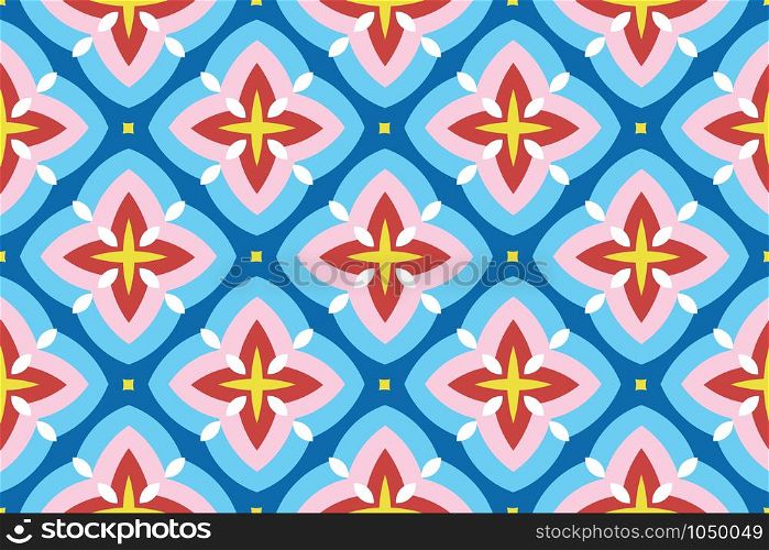 Vector seamless geometric pattern. Shaped rounded white diamonds and yellow, red, pink, light blue stars and squares on blue background.