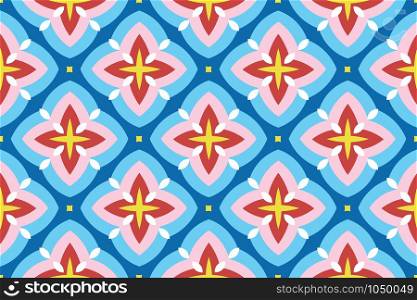 Vector seamless geometric pattern. Shaped rounded white diamonds and yellow, red, pink, light blue stars and squares on blue background.