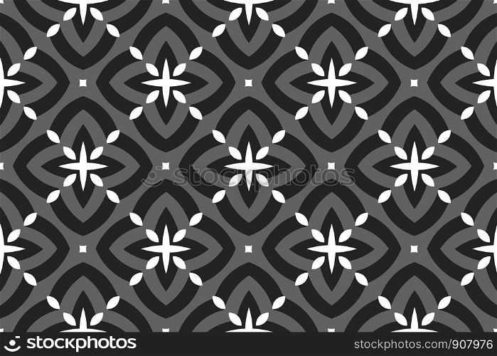 Vector seamless geometric pattern. Shaped rounded white, grey and black diamonds and stars and squares.