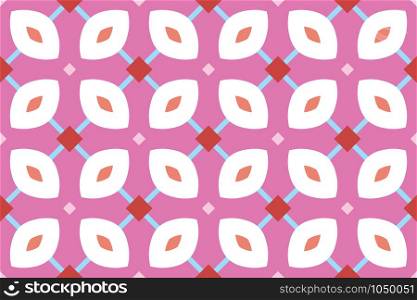 Vector seamless geometric pattern. Shaped squares, lines and rounded diamonds in white, brown, blue, red colors on pink background.