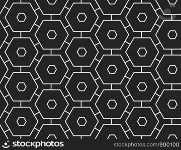 Vector seamless geometric pattern. Shaped white and black hexagons and lines on black background.