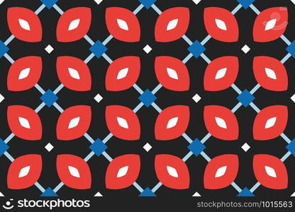 Vector seamless geometric pattern. Shaped white and blue squares and light blue lines and red, white rounded diamonds on black background.