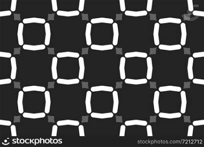 Vector seamless geometric pattern. Shaped white and grey lines, squares, diamonds on black background.