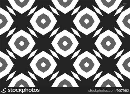 Vector seamless geometric pattern. Shaped white and grey octagonals and white diamonds on black background.
