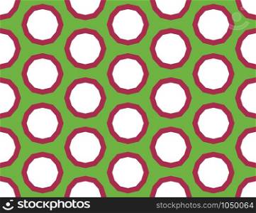 Vector seamless geometric pattern. Shaped white and red circles, bubbles on green background.