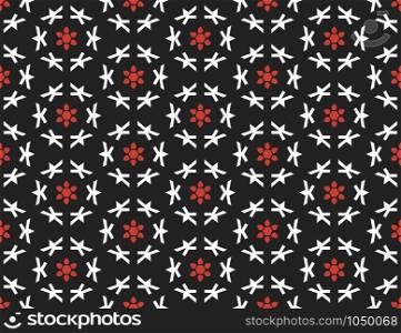 Vector seamless geometric pattern. Shaped white and red flowers and shapes on black background.