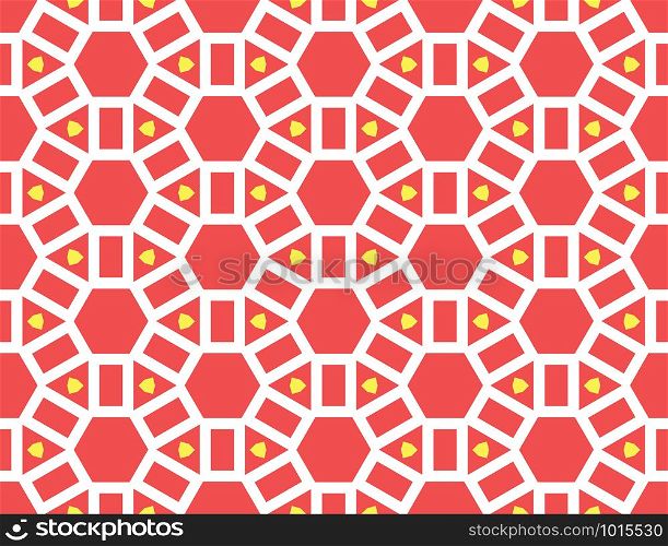 Vector seamless geometric pattern. Shaped white and yellow hexagons, triangles and rectangles on red background.