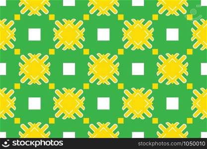 Vector seamless geometric pattern. Shaped white and yellow squares, lines and green background.