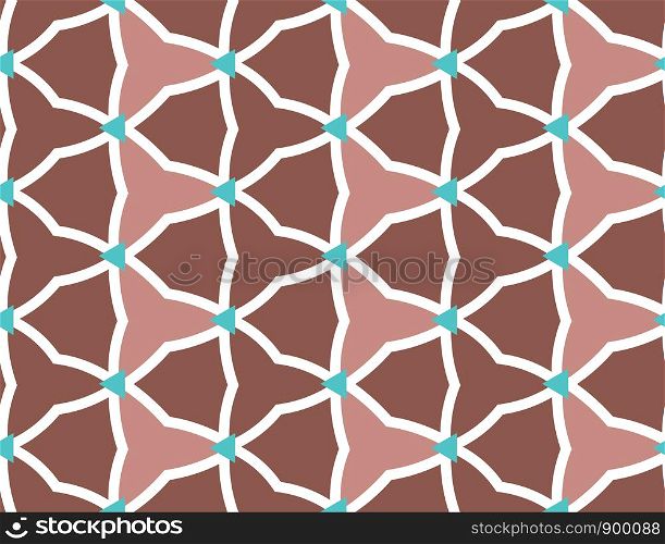 Vector seamless geometric pattern. Shaped white barbed wires and turquoise triangles in brown background.