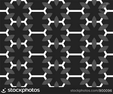 Vector seamless geometric pattern. Shaped white hexagons and grey flowers on black background.