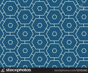 Vector seamless geometric pattern. Shaped white hexagons and lines on blue background.