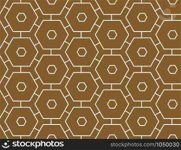 Vector seamless geometric pattern. Shaped white hexagons and lines on brown background.
