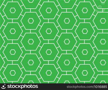Vector seamless geometric pattern. Shaped white hexagons and lines on green background.