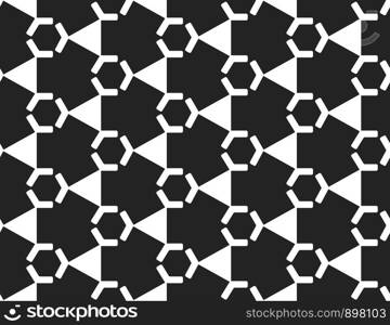 Vector seamless geometric pattern. Shaped white hexagons and triangles on black background.