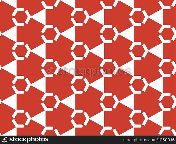 Vector seamless geometric pattern. Shaped white hexagons and triangles on red background.