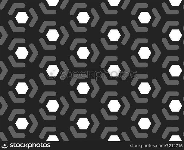 Vector seamless geometric pattern. Shaped white hexagons, grey lines, arrows on black background.
