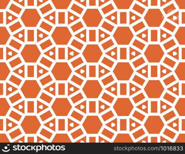 Vector seamless geometric pattern. Shaped white hexagons, triangles and rectangles on orange background.