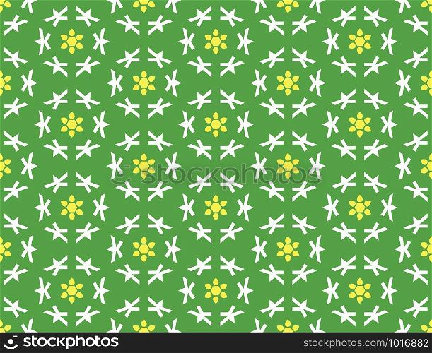 Vector seamless geometric pattern. Shaped yellow and white flowers and shapes on green background.