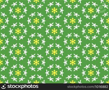 Vector seamless geometric pattern. Shaped yellow and white flowers and shapes on green background.