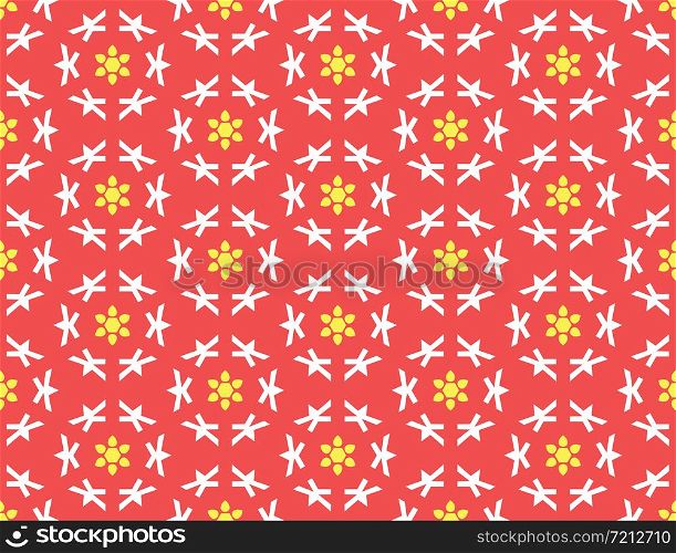 Vector seamless geometric pattern. Shaped yellow flowers and white shapes on red background.
