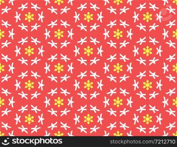 Vector seamless geometric pattern. Shaped yellow flowers and white shapes on red background.