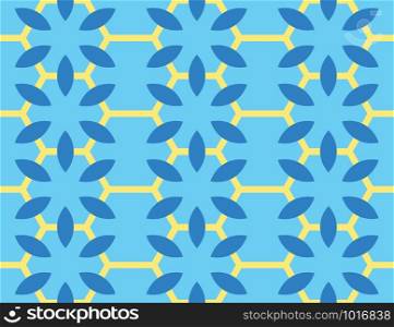 Vector seamless geometric pattern. Shaped yellow hexagons and dark blue flowers on light blue background.