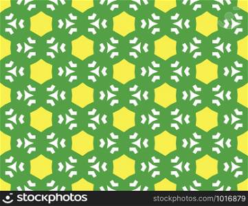 Vector seamless geometric pattern. Shaped yellow hexagons, white lines and triangles on green background.
