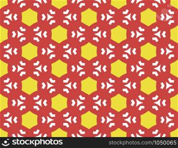 Vector seamless geometric pattern. Shaped yellow hexagons, white lines and triangles on red background.