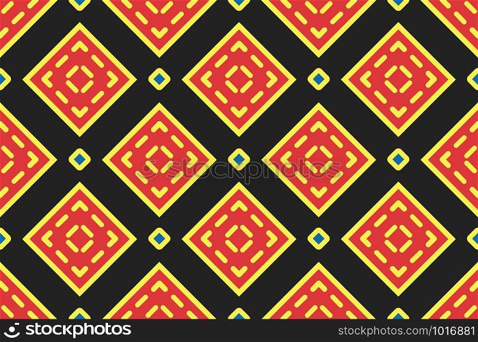 Vector seamless geometric pattern. Shaped yellow, red and blue squares, outlines, lines on black background.