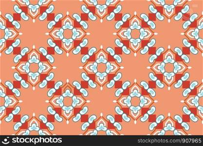 Vector seamless geometric pattern. Shapes in turquoise, blue, brown and white colors on orange background.