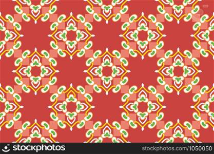 Vector seamless geometric pattern. Shapes in white, green, yellow on red colors.