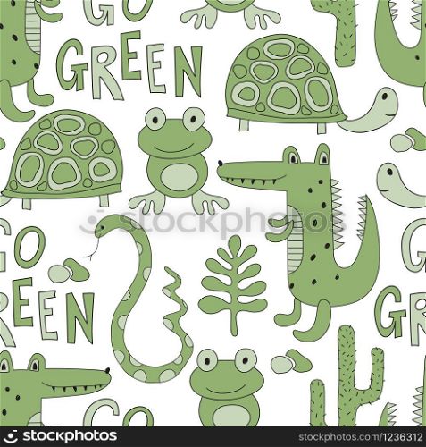 Vector Seamless Go Green Pattern with savannah animals