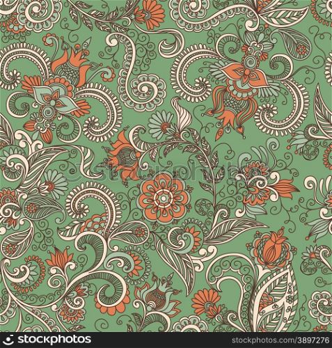 vector seamless green and orange pattern of spirals, swirls, doodles