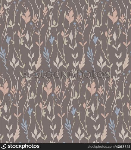 Vector seamless herbal pattern in pastel colors. Delicate botanical texture with stems and twigs in dark background. Pastel fabric swatch with floral ornament. Vector seamless herbal pattern in pastel colors. Delicate botanical texture with stems and twigs in dark background. Pastel fabric swatch