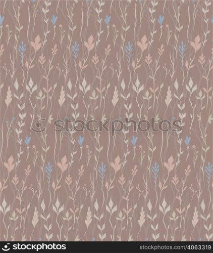 Vector seamless herbal pattern in pastel colors on dark background. Pastel fabric swatch with floral ornament. Delicate botanical texture with tangled stems and twigs in row for wallpaper.. Vector seamless herbal pattern in pastel colors on dark background. Pastel fabric swatch with floral ornament. Delicate botanical texture
