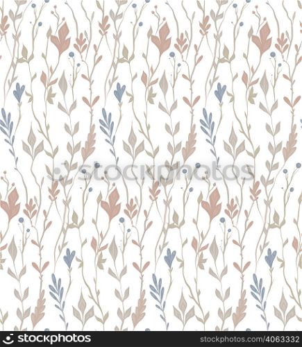 Vector seamless herbal pattern in pastel colors on white background. Delicate botanical texture with stems and twigs. Pastel fabric swatch with floral ornament. Vector seamless herbal pattern in pastel colors on white background. Delicate botanical texture with stems and twigs.