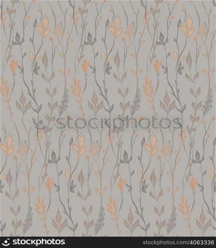 Vector seamless herbal pattern in powdery pastel colors. Pastel fabric swatch with tangled floral ornament. Delicate botanical texture with stems and twigs on gray background.. Vector seamless herbal pattern in powdery pastel colors. Pastel fabric swatch with tangled floral ornament. Delicate botanical texture