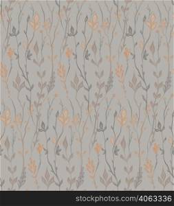Vector seamless herbal pattern in powdery pastel colors. Pastel fabric swatch with tangled floral ornament. Delicate botanical texture with stems and twigs on gray background.. Vector seamless herbal pattern in powdery pastel colors. Pastel fabric swatch with tangled floral ornament. Delicate botanical texture