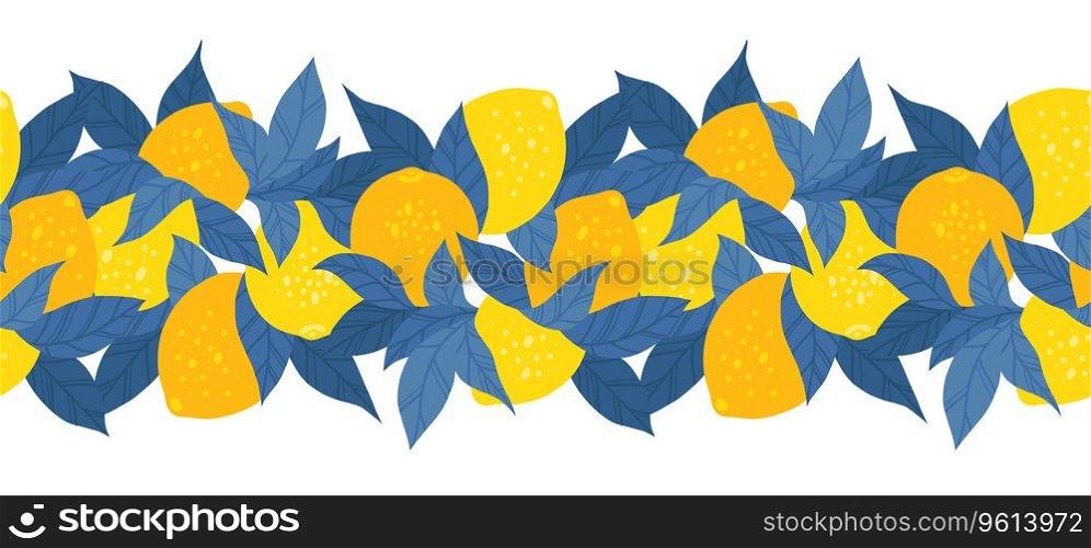 Vector seamless horizontal border with yellow lemons and blue foliage. Contrast colors frieze with citruses and leaves isolated from the background. Hand drawn flat pattern.. Vector seamless horizontal border with yellow lemons and blue foliage. Contrast colors frieze with citruses and leaves