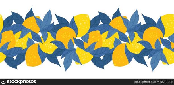 Vector seamless horizontal border with yellow lemons and blue foliage. Contrast colors frieze with citruses and leaves isolated from the background. Hand drawn flat pattern.. Vector seamless horizontal border with yellow lemons and blue foliage. Contrast colors frieze with citruses and leaves