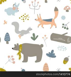 Vector Seamless Kids, Infants or Children Pattern, Winter Animals in the Forrest Theme