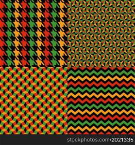 Vector seamless kwanzaa pattern set with colored print and geomerrical seamless pattern.. Vector seamless kwanzaa pattern set with colored print and geomerrical seamless and cage pattern. Bright print on black background. Scottish checkered background. Seamless fabric texture. Vector illustration