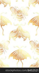 Vector seamless luxury pattern with drawing bee and night butterfly with boho decoration. Entomology texture with golden moth and bumblebee with tracery ornament. Rich fabric on white background.. Vector seamless luxury pattern with drawing bee and night butterfly with boho decoration. Entomology texture with golden moth and bumblebee