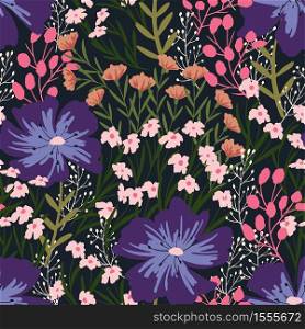Vector seamless modern pattern with wild flowers. Decorative ornament backdrop for fabric, textile, wrapping paper, card, invitation, wallpaper, web, app, social media