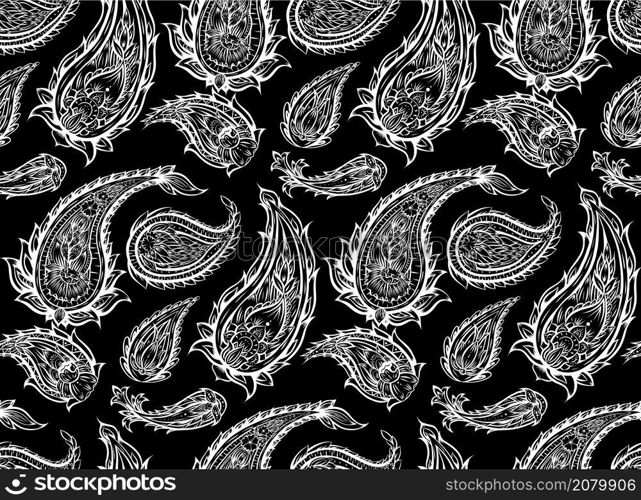 Vector seamless monochrome paisley pattern. White tribal flower texture on dark background. Indian ornament. Natural boho decoration