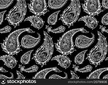 Vector seamless monochrome paisley pattern. White tribal flower texture on dark background. Indian ornament. Natural boho decoration